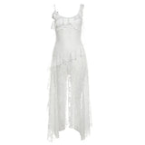 Fongt Summer New Women's French Lace Hollow Perspective Slit Slip Dress-Outfit