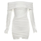 Fongt Women's Clothing 2025 Autumn New French Temperament Word Shoulder Long-Sleeved Lace Hollow Bagged Hip Dress