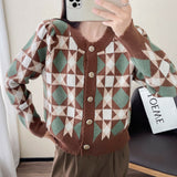 Impact Color Diamond Plaid Knitted Cardigan Women's Fashionable Sweater Round Collar Autumn And Winter Style Coat Bubble Long-Sleeved Blouse-Outfit