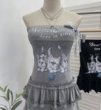 Fongt Kitten Print Bow Sweetheart Hottie With Chest Pads With Chest Bra Vest Wooden Ear Top 1270