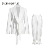 TWOTWINSTYLE Solid Color Korean Two Piece Set Women Blazer High Waist Belt Lace-up Straight Pants Suits Female 2022 Fashion