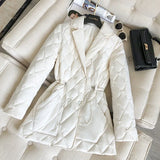 2022 New Winter Ultra Light Duck Down Jacket Women Long Sleeve Suit Collar Casual Pockets Drawstring Shiny Puffer