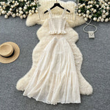 Fongt Fairy Vacation Wearing Women's Summer Dress Pure Desire Elastic Sling Sling Vest Hollow Embroidered High-Rise Half-Schamin Dress Suit