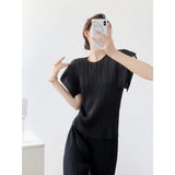 Fongt Folded Summer Korean Version Of The Shape Of The Round Collar Folded Short-Sleeved T-Shirt For Women's Relaxed Leisure Pure Color Tops