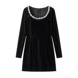 Fongt Women's Black Velvet Diamond Stylish Elegant Long-Sleeved Short Dress