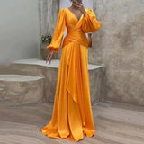Fongt Summer New Cross Close Waist Fold Long Sleeve Temperament Show Thin Dress-Outfit