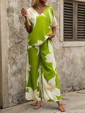 Fongt Summer Set Printing V-Neck Bat Sleeve Blouse Long Pants Fashion Two-Piece