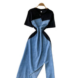 Fongt Version Of Fashion Elegant Irregular Short Sleeve Splicing Diamond-Singed Waist Denim Dress Women's Summer Open Fork Long Dress