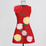 Fashion Personality Design Short Dress 2025 Summer New Three-Dimensional Flower Round Neckless Sleeves To The Waist Thin