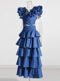 Fongt Holiday Wind Autumn 2024 New V Collar Fly Sleeve Flounce Stitching Cake Skirt Solid Color Suit-Outfit