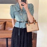 Short Sleeve Denim Shirt Women New Casual Single-Breasted Slim Top with Belt Short Denim