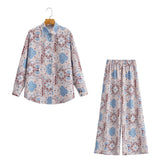 Fongt Women's Printed Casual Shirt + Wide Leg Trousers Set 1769