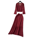 Fongt Wearing A Female Gentle Wind High-End Feeling V-Neck Long-Sleeved Empty Crochet Knitted Half-Dress