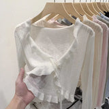 Fongt Ice Silk Knitted Cardigan Long Sleeve 2024 Summer Black Outer Short Air Conditioning Shirt Sunscreen Shawl