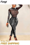 Beautiful Geometric Mesh Crystal Jumpsuits Women Rompers New Luxury See-Through Sequins Party Jumpsuits Night Out