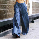 Loose High Waist Trousers VONDA Women 2022 Spring Solid Wide Leg Pants Casual Female Denim Pants Vintage Pockets Pantalon