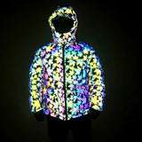 Three-Dimensional Pocket Dazzling Color Reflective Cotton Coat Rainbow Color Luminous Hooded Padded Jacket Large Size Cotton-Padded Jacket-Outfit