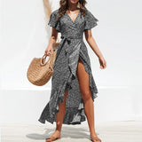 Fongt 2024 Hot Sexy V Collar Irregular High Waist With Chiffon Print Dress Spot-Outfit