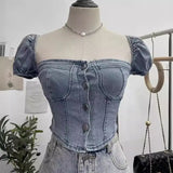 Real Shot Shoulder Bubble Short Sleeves Denim Shirt Design Hot Girl Collar Small Short Top