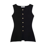 Fongt Women's Clothing 2025 Autumn And Winter New Fashion Vest Gold Button Flat Needle Vest