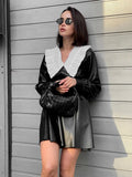 Patchwork Women Leather Dress With Peter Pan Collar High Waist Autumn Winter Dress Elegant Ladies Black Dress