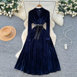 Fongt Light Luxury Famous Woman High-End Sense V Collar Long Sleeve Strap To Close The Waist Velvet Dress Women Autumn And Winter Lanky Dress