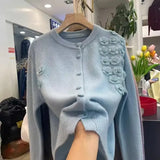 Fongt Flower Embroidery Design Blouse With Ocean Knitted Cardigan Long-Sleeved Temperament Minus Age Casual Sweater Woman