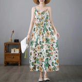 Fongt Summer New Literary And Art Large Print Cotton Dress Women's National Style Sleeveless Slings Long