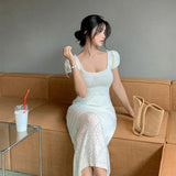 Dress Women Korean Chic Summer French Solid Temperament Square Collar Puff Sleeves Hollow Long Knitted Ladies