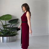 Fongt New Women's Single-Cringed Knitless Knitted Solid-Colored Waist Dress