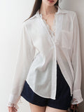 Fongt Splicing Two V-Neck White Shirt Women's 2025 New Spring Top Design Small Shirt