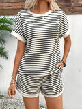 Fongt Women's 2025 Summer New Fashion Striped Short Sleeves Suit Sports Shorts Set