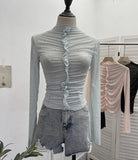 Real Shooting 2024 New Hot Diamond Half-High Collar Perspective Thin-Bottomed Shirt Mesh Top Beautiful Chic Shirt
