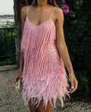 Fongt Lysing Shiny Birthday Party Feather Splicing Dress Dress Dress