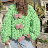 Fongt Bow Sweater Cardigan Jacket Languid Short Heavyweight Knitted Jersey Woman
