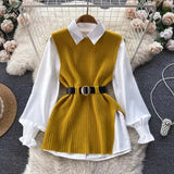 Light Luxury Ladies Dress Set Women's Loose Long-sleeved White Shirt Top + Slit Knitted Vest Vest Two-piece Set-Outfit