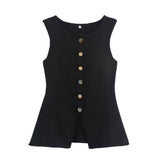 Fongt New Women's Uniform Pure Color Round Collar Single Buckle Sleeveless Simple Knitted Vest Top