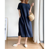 Fongt New Leisure Spring And Summer Loose Skirt Short Sleeve Round Neck Solid Cotton Linen Dress