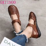 Hollow Genuine Leather Breathable Soft Flat Sandals Summer Women Shoes Woman Casual Solid Buckle Strap Ladies