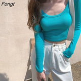 Women Long Sleeve Short T-shirts Solid Deep O-neck Slim Sexy Daily Korean Style Ulzzang Fashion Simple Autumn Female