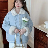 thick short Loose Parkas Women Fashion Sweet Plush Collar Warm Double-sided Wearable Cotton Padded Coat Harajuku Jackets-Outfit