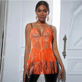 Women New Solid Tassel Sexy Two Piece Set Rhinestone V Neck Sleeveless Halter Backless Top Camis Hollow Out Party Mini