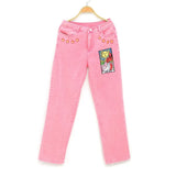 Pink Women‘s Jeans Pants Mid-waist Sun Star Pattern Young Girl Denim Trousers Summer Autumn Female Cute Jeans