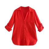 Spring Autumn Women Retro Simple Style Loose Long Sleeve Basic Solid Color Shirt Casual Chic