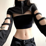 Wind Hollowed-Out Zipper High-Collar Ultra-Short Woven Blouse 2023 Summer New Spicy Girls Casual Blouse-Outfit