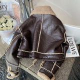 Lambswool Jacket Winter Thickened Plus Velvet Motorcycle Faux Leather Stitching Coat PU Plush Cardigan Stand Collar Tops-Outfit