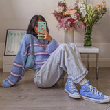 O Neck Stitching Stripes Keep Warm Casual Sweater Long Sleeve Loose Knitted Sweater 2020 Winter New Fashiong