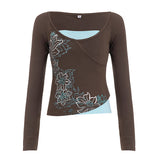 Fongt Printing Color And Fake Two-Piece T-Shirt Girl 2025 Autumn Ins Bottom New Top
