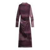 Fongt Women's Clothing 2025 Spring New Printing Mesh Collar Long Sleeve Folded Long Dress