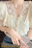 Summer V Neck Lace Shirt Fashion Short Sleeve Ruffle Stitching Sweet Women Tops with Suspenders Korean Crochet Blouse